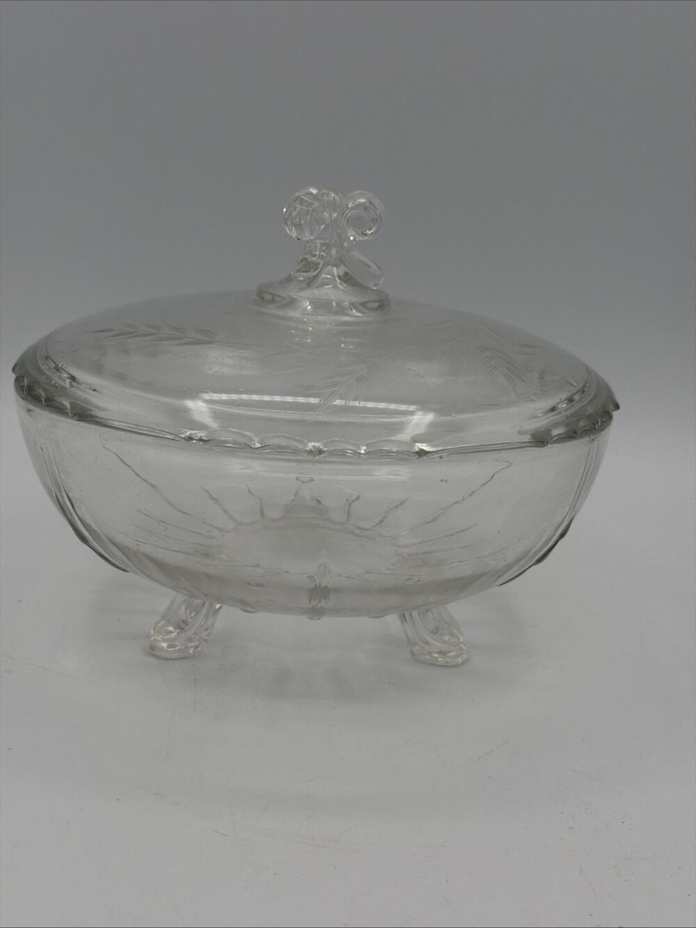 Vintage Footed Cut Glass Candy Dish Covered Bowl With Lid Clear Harvest Wheat